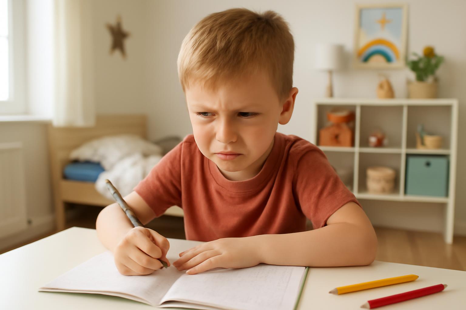 Hausaufgabendrama Kleiner Junge sitzt traurig und verzweifelt an seinen Hausaufgaben