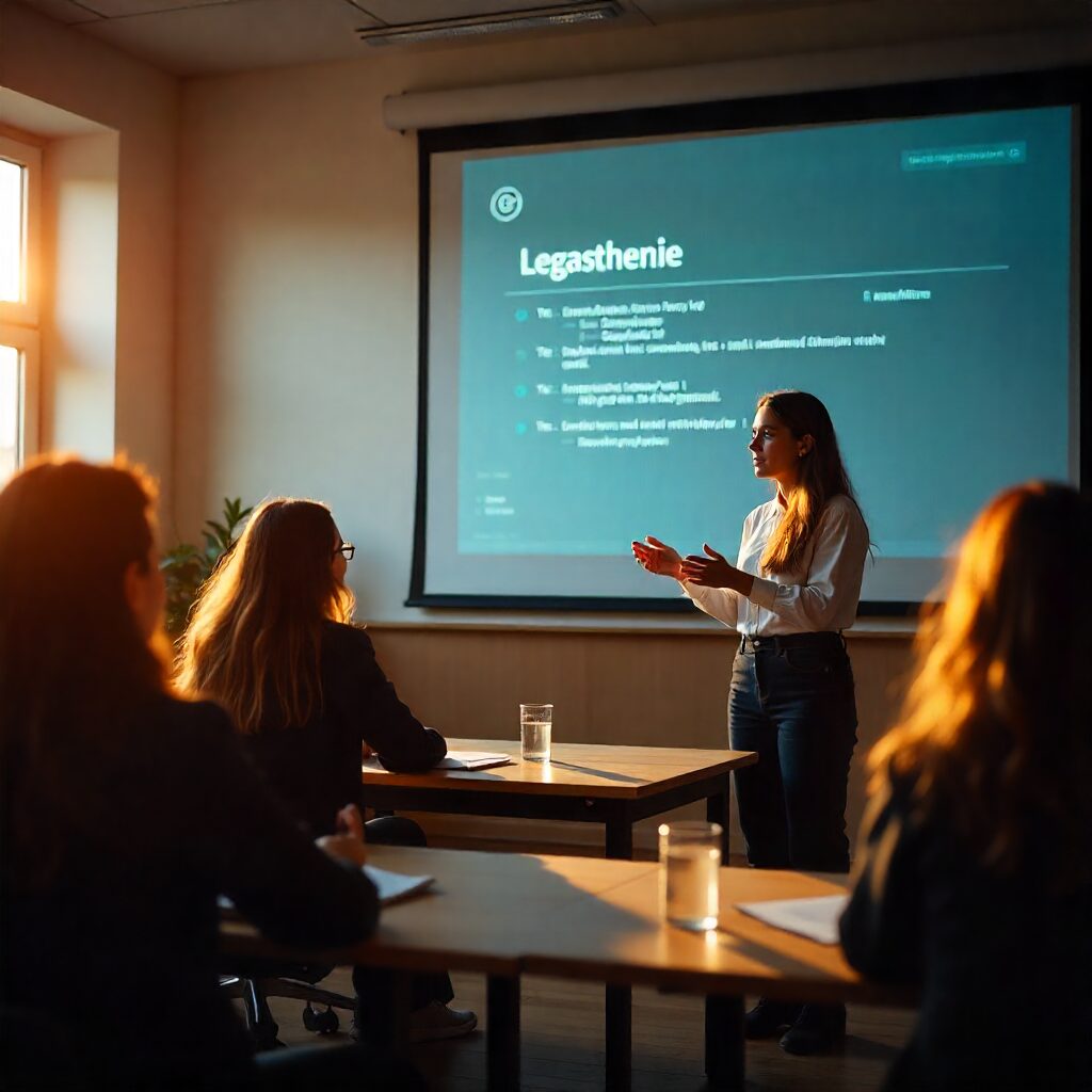 Vortrag Legasthenie Frau hält vor einer Gruppe Menschen einen Vortrag über Legasthenie