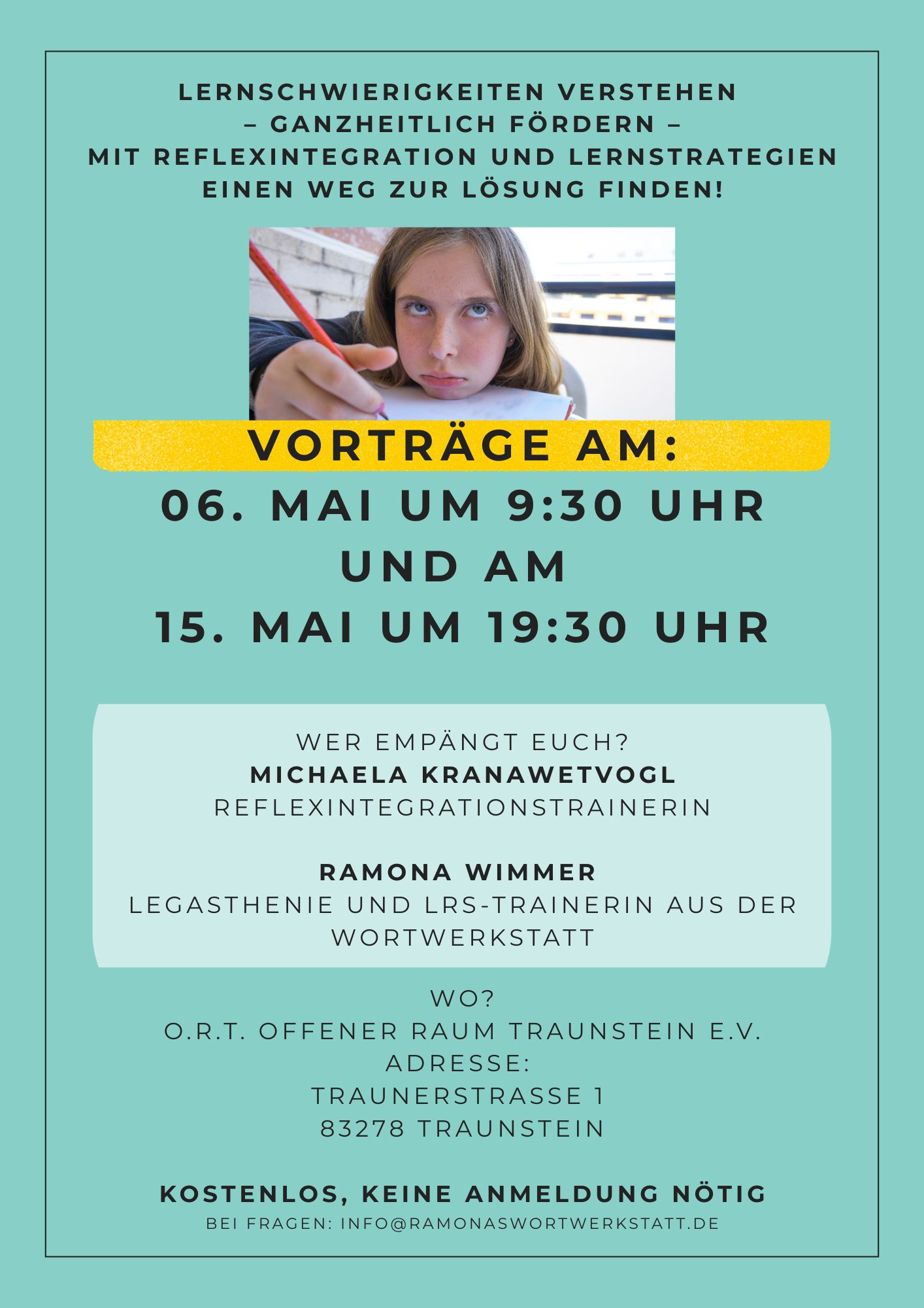 Flyer zum Vortrag Lernschwierigkeiten von Michaela Kranawetvogl und Ramona Wimmer aus der Wortwerkstatt im O.R.T Offener Raum Traunstein