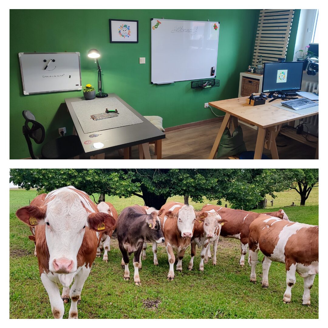 Wortwerkstatt Collage Collage aus dem Wortwerkstatt-Raum mit der grünen Wand, den zwei Schreibtischen und dem Whiteboard, sowie den neugierigen Kühen, direkt gegenüber
